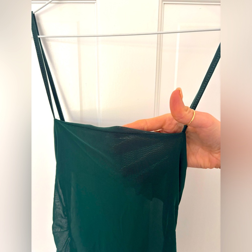 Emerald green sheer dress with ruching and scoop neck
